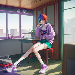best quality,(1girl, solo,fullbody), (multicolored hair,red hair,blue hair,purple hair in the middle), (short hair) (heterochromia, green eyes, blue eyes),(sports shorts,long white socks,sneakers), (sit in a chair looking at the desk doing homework, writing in a notebook)(in the room) ,no_humans,scenery