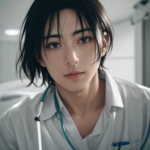 fullbody photo of man (favaloro:1) in the hospital like a medic, nervous, indoor, blurred background, (look at viewer:1.2) (skin texture), (high detailed face:1.3), close up, cinematic light, sidelighting, Fujiflim XT3, DSLR, 50mm, ,  