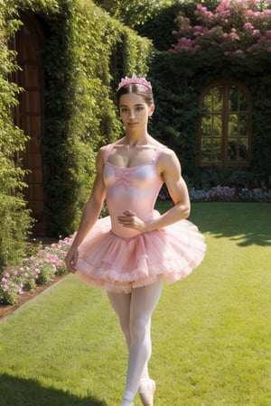 Handsome sexy Man. fit body. dressed as ballerinas in pink tutus. Standing in garden 



