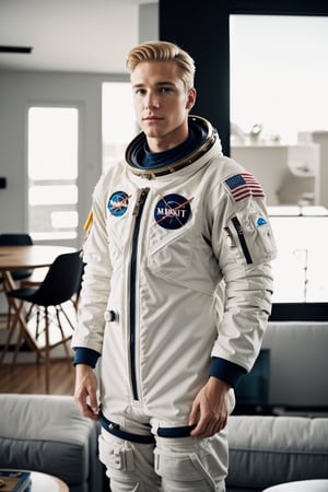 Handsome astronaut blond hair. . Standing in livingroom.