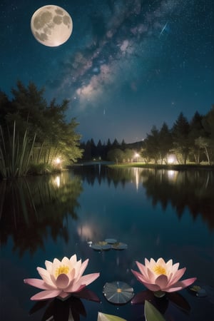 : "A night with the sky full of stars and a big full moon reflected in a small lake where water lilies float.