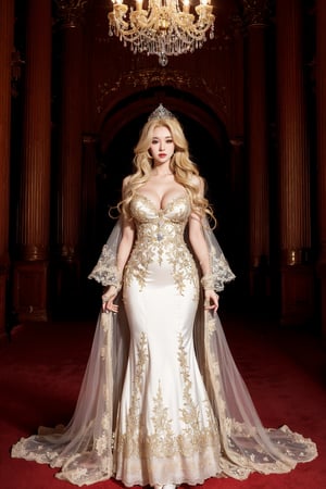 "Fairytale princess. Dressed in a grand party dress. Long, blonde hair. Large breasts and a narrow waist. Standing in a grand hall."
