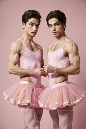 Twin men fit body. dressed as ballerinas in pink tutus.



