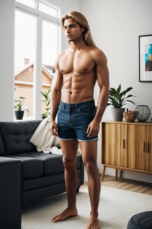 Handsome indian blond hair. . Standing in livingroom.