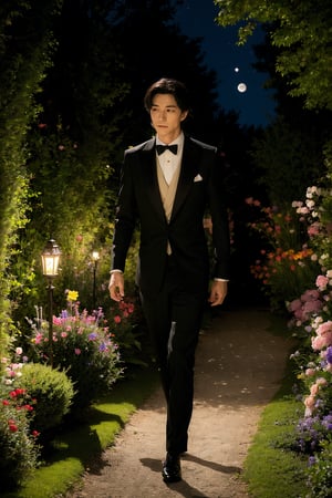 "Fairy tale prince. Dressed in an elegant fairy tale suit. Strolling through a garden with many flowers, on a moonlit night" 