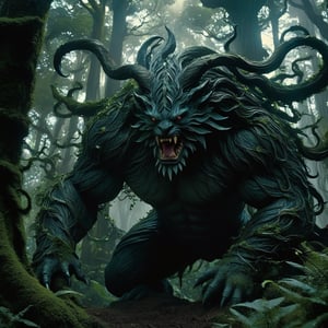 cinematic still, filmed by Guillermo del Toro, Amidst a deep dark forest, an enigmatic being appears--an amalgamation of flora and fauna, with vines for hair, eyes gleaming like embers, and skin adorned with iridescent scales 