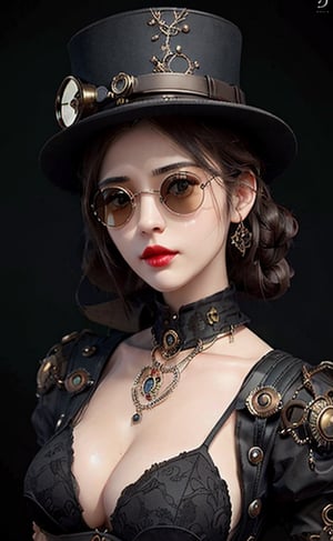 close up, 1girl, lady in the hat and round steel gear, retro sunglasses, victorian dress, shiny skin, cinematography, crafted, elegant, meticulous, magnificent, maximum details, extremely hyper aesthetic, intricately detailed, supersteampunk style