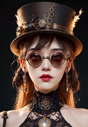 (((full length and close up))), 1 girl, lady wearing round steel hat and outfit, retro sunglasses, victorian dress, glowing skin, cinematography, elaborate, elegant, meticulous, gorgeous, maximum details, extremely hyper-aesthetic, intricately detailed, supersteampunk style