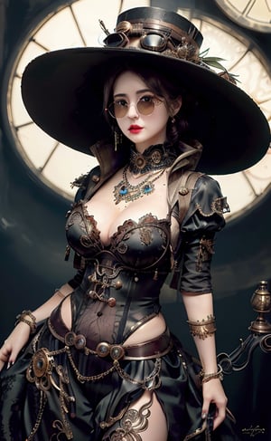 (((full length and close up))), 1 girl, lady wearing round steel hat and outfit, retro sunglasses, victorian dress, glowing skin, cinematography, elaborate, elegant, meticulous, gorgeous, maximum details, extremely hyper-aesthetic, intricately detailed, supersteampunk style