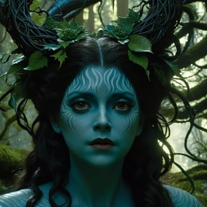 cinematic still, filmed by Guillermo del Toro, Amidst a deep dark forest, an enigmatic being appears--an amalgamation of flora and fauna, with vines for hair, eyes gleaming like embers, and skin adorned with iridescent scales 