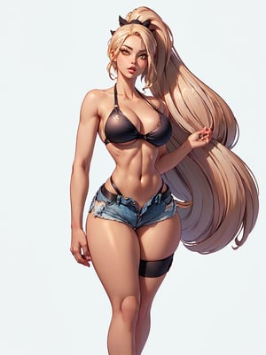 ((4k)), (thighs-high portrait:1.6), (mature female, milf:1.1), female_solo, (long high ponytail:1.6) (blonde hair:1.2), (long hair:1.65), (thin face:1.5), (yellow eyes:1.2), big eyes, thick eyelashes, long  eyelashes, (thick lips:1.4), (pink lipstick:1.2), (glossy lips:1.2), big lips, (fitness body:1.2), (small breasts:1.2) (abs:1.2), (narrow_waist:1.65), (wide hips:1.3), (thick thighs:1.3), (sexy bikini, black bikini:1.5), ((thong)), (high-waisted thong, g-string thong:1.6), ((denim shorts)), (unbuttoned shorts, open shorts:1.6), (white_background:1.6), (simple_background:1.6), ((hourglass body shape)), exposed_navel, bare_abdomen, exposed_belly, bare_shoulders, bare arms, bare forearms,