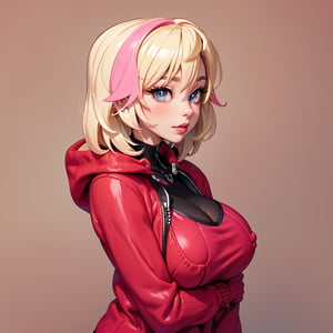 4k, (blonde_hair:1.6), short_hair, (white skin), thick eyelashes, long eyelashes, (pink_eyes), closed_mouth, big_lips, pink_lipstick, (long_sleeves_red_sweater:1.5), (black top with large u-neckline:1.8), cleavage, (large u-shaped neckline:1.6), silk_sweater, ((open-zipper_sweater)), ((open_sweater)), CosmiEyes, (big_breast:1.4),

"A beautiful and sexy ((blonde hair)) teenager with (short hair) poses for the camera ((wearing a red open-ziper sweater)) revealing ((her big breasts)) ((covered by a black top with a large U-shaped neckline)), ((she looks at the camera with her big, beautiful and brilliant pink-colored eyes))",CosmiEyes
