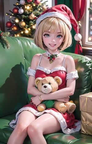 ((Baby face)), 1girl, blonde hair, (bob cut:1.5), wavy hair, (green eyes:1.1), (anime loli:1.6, cute face,
((sfw)), ((Christmas))
BERAK
,((red christmas dress, red christmas skirt, christmas hat)), (red  christmas stockings:1.5), (Covered chest:1.5), ((covered shoulders)),
BREAK
,((sitting on the couch hugging her teddy bear)), looking_at_viewer, c:, white_teeth, happy_face, ((shiny eyes)), backgound of ((Christmas decorated living room)), ((large Christmas tree decorated with Christmas lights)),
BREAK
"a cute little girl ((sitting on the couch)) ((hugging her teddy bear)) ((smiling)) at her parents",cuteloli