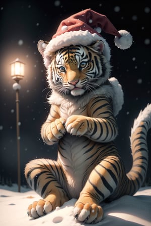 little tiger cub in a Christmas hat, sitting under a spruce tree, snow falling from above, dragon looking up, angle from top to bottom, snow falling in flakes, warm winter atmosphere, new year, bokeh,salttech
