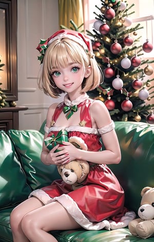 ((Baby face)), 1girl, blonde hair, (bob cut:1.5), wavy hair, (green eyes:1.1), (anime loli:1.6, cute face,
((sfw)), ((Christmas))
BERAK
,((red christmas dress, red christmas skirt, christmas hat)), (red  christmas stockings:1.5), (Covered chest:1.8), ((covered shoulders)),
BREAK
,((sitting on the couch hugging her teddy bear)), looking_at_viewer, c:, white_teeth, happy_face, ((shiny eyes)), backgound of ((Christmas decorated living room)), ((large Christmas tree decorated with Christmas lights)),
BREAK
"a cute little girl ((sitting on the couch)) ((hugging her teddy bear)) ((smiling)) at her parents",cuteloli
