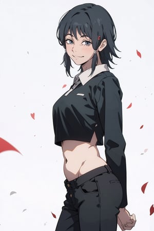 1girl, a cute girl posing full body, full body, cute and tender girl, innocent, innocent pose, standing pose, fumiko, ((white background)) ,mifune,Mifune fumiko,front pose ,black eyes, perfect face, 
 (black or white works the same) black shirt, long sleeves, navel, midriff, collared shirt, pants, crop top, black pants,csm anime style,black hair