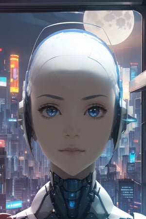 1girl, (masterpiece:1.2), highres, high quality, (perfect face and eyes:1.3), (textured skin:1.2), (solo), original, (wallpaper), highres, android, robot girl, cyberpunk, room, looking_at_viewer, night, moon, window, portrai