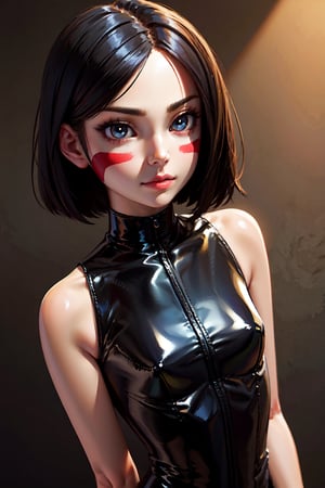 1girl, (masterpiece:1.3), highres, high quality, (perfect face and eyes:1.3), (textured skin:1.2), (solo), original, (wallpaper), (8k), ,short hair, face mark, face painting, leotard, mechanical_arms,  android, gally, (modeling pose), (room), detailed room 
