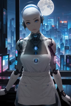 1girl, (masterpiece:1.2), highres, high quality, (perfect face and eyes:1.3), (textured skin:1.2), (solo), original, (wallpaper), android, robot girl, cyberpunk, room, looking at viewer, night, moon, window, (apron:1.3)