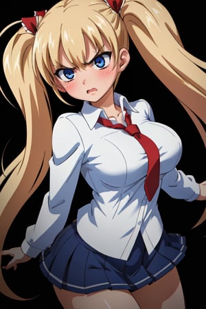 1girl (masterpiece:1.2), highres, high quality, (perfect face and eyes:1.2),(textured skin:1.2), ,akizuki airi, large breasts, semi-transparent shirt, white shirt, (red tie), blue miniskirt, black stokings, (angry:1.3), blush, (close mouth),dynamic pose, dynamic angle, dynamic light