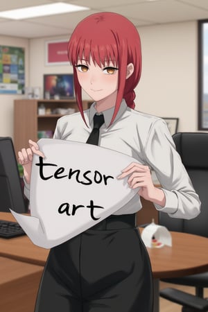 flux_makima, woman, collared shirt, white shirt, black necktie, black pants, red hair, single braid, in the office holding a sign with the text: "tensor art", smiling evilly , pixiv