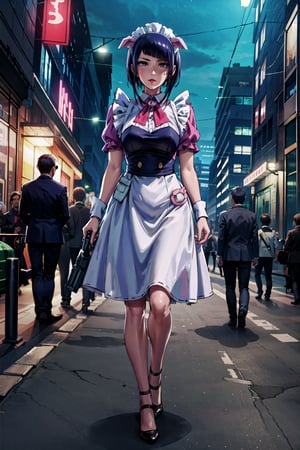 1girl, (masterpice), best quality, high quality, high detailed, perfect body, good body, ,ranko,maid,fake pig ears, walking, gun, city, street, night, people, serius, short hair, purple hair