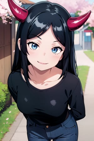 1girl, (masterpiece:1.3), (high resolution), (8K), (extremely detailed), (4k), (pixiv), perfect face, nice eyes and face, (best quality), (super detailed), detailed face and eyes, (solo), (textured skin), dragon girl, dragon horns, black shirt, blue pants, shoes, high detailed girl, cherry_blossom, outdoors, sunlight, beautiful art, standing, smile