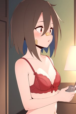 1girl, (masterpiece:1.3), highres, high quality, (perfect face and eyes:1.3), (textured skin:1.2), (solo), original, (wallpaper), serufu, red eyes, short hair, (bandaid on nose), brown hair, (lingerie:1.3),
 indoors, sexy