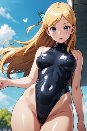 1girl, (masterpiece:1.3), (high resolution), (8K), (extremely detailed), (4k), (pixiv), perfect face, nice eyes and face, (best quality), (super detailed), detailed face and eyes, (solo), (textured skin), leotard, butterfly winds, sky, from below, , long hair,  blonde hair, wind, dynamic angle, outdoors 