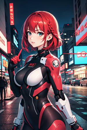 1girl, \(masterpice:1.3\), highres, high-detailed, high quality, \(solo\), 4k, cg, pixiv, \(perfect face and eyes\), detailed face, dynamic light,  intense shadows, intricate_details, sexy, sensual, body_suit, mecha, science fiction, cyberpunk, red hair, short hair, braid, looking at viewer, city, street, night