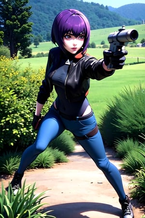 1woman, (masterpice), hihg quality, best quality, high detailed, (solo), 4k, pixiv, cg, anime picture, anime coloring, outdoors, nature, gun,
dynamic pose, motoko_kusanagi,black gloves,leotard,black jacket