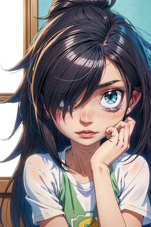 1girl, (masterpiece), (high resolution), (8K), (extremely detailed), (4k), (pixiv), (perfect face), (nice eyes and face), (best quality), (super detailed), (detailed face and eyes), (solo), textured skin, hands on head, sexy, indoors, room, windows, night,hair over in one eye,bags under eyes,watamote,tomoki