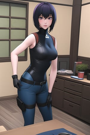 1woman, (masterpice), hihg quality, best quality, high detailed, (solo), 4k, pixiv, cg, unity, anime picture, anime coloring, (room), modeling pose, motoko_kusanagi,black gloves,leotard,black jacket