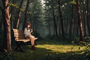 (masterpiece), (best quality), (ultra detailed creation), 1girl, brown hair, in a forest with trees and a bench, wallpaper 4k, UHD, HD