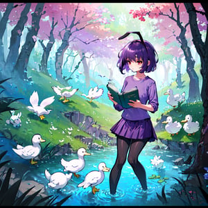 Solo,hd,high quality, 1girl,fullbody,
((purple hair, purple skirt, purple shirt,red eyes,black pantyhose)),
(taking a book,wind),
(ducks, rabbit, frogs)


(forest)




,pixel_art,Neco Arc, C,cls_chibi