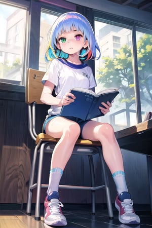 best quality,(1girl, solo,fullbody), (multicolored hair,red hair,blue hair,purple hair in the middle), (short hair)
(heterochromia, green eyes, blue eyes),(sports shorts,long white socks,sneakers), 
(sit in a chair looking at the desk doing homework, writing in a notebook)(in the room)
,no_humans,scenery