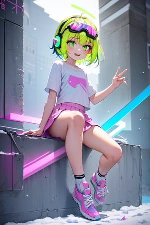 best quality,(1girl, solo),
(short hair,multicolored hair,(neon green hair),neon blonde hair),
(blue cat headphones),
(flat chest),
(white school skirt,pink shirt,transparent snow goggles,black socks),
(happy),
(multicolored sneakers, pink sneakers, purple sneakers)

