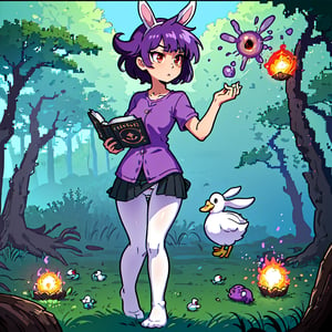 Solo,hd,high quality, 1girl,fullbody,
((purple hair, purple mini skirt, purple shirt,red eyes,black pantyhose(white panties)),
(taking a book,taking a fireball with the hand,wind),

ducks, rabbit, frogs,


(forest)




,pixel_art,Neco Arc, C,cls_chibi