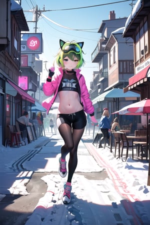 best quality,(1girl, solo),
(short hair,multicolored hair,(neon green hair),neon blonde hair),{show the butt) (dive shorts),
(blue cat headphones),
(flat chest),(show the navel)
(transparent snow goggles,black socks, black short tights,skateboarding),
(happy),
(multicolored sneakers, pink sneakers),
((snow, street,montain,village))

