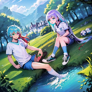 best quality,(1girl,1boy,fullbody), (multicolored hair,red hair,blue hair,purple hair in the middle), 
(heterochromia, green eyes, blue eyes),(sports shorts,long white socks,sneakers), 
(in a landscape,forest,
house overlooking the lake) (soccer ball)
,no_humans,scenery
