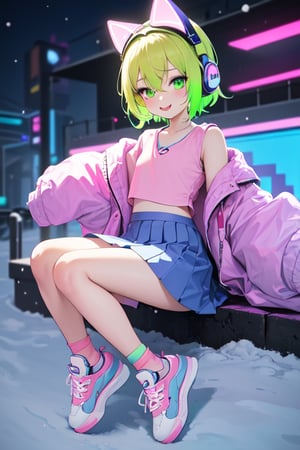 best quality,(1girl, solo),
(short hair,multicolored hair,(neon green hair),neon blonde hair),
(blue cat headphones),
(flat chest),
(white school skirt,pink shirt,transparent snow goggles),
(happy),
(multicolored sneakers, pink sneakers, purple sneakers)

,Neco Arc, FULL BODY, :3, C