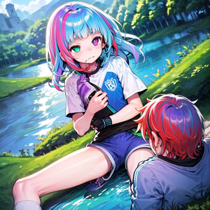 best quality,(1girl,1boy,fullbody), (multicolored hair,red hair,blue hair,purple hair in the middle), 
(heterochromia, green eyes, blue eyes),(sports shorts,long white socks,sneakers), 
(in a landscape,forest,
house overlooking the lake) (soccer ball)
,no_humans,scenery
