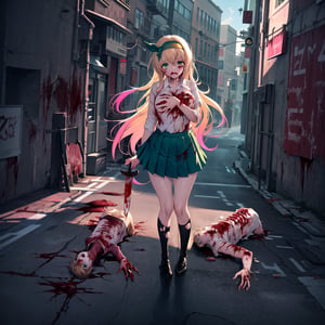 1girl,solo, desolated,highquality,fullbody,closed mouth,
(multicolored hair, light blonde hair, light red hair),green eyes,(taking a knife, blood knife)ruins,
scared,looking behind(green skirt,brown shoes, pink headband,torn clothes, (school shirt)),crying,open the shirt,show the breast,



(in the street,colored sky),


corpses in the floor,zombies behind the girl

(zombies running,zombie grabbing a girl, zombie eating human meat.human meat in the floor)
,no_humans,scenery