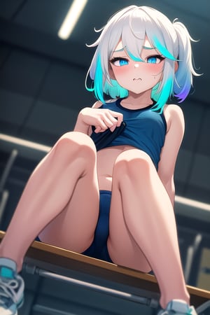 best quality,(1girl, solo), 
(multicolored hair,neon white hair,neon light blue hair), (blue eyes), (diving shorts), (school gym)




,cupa_minecraft,mcnsfw