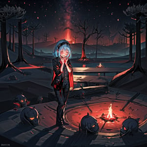 ((1girl,fullbody,smiling,distressed,crying,)),
((multicolored hair, blue hair, black hair)),
(short coverall,black pantihose,blue blazer, red headband),
(campfire,next to a rocket),looking the shadow,
(shadow, dark world),other world, in the desert,red desert,desert ruins,crimson sky,dark,red sand, no life,ocean,wather particles,river,water,red fog,red thick fog,red smoke,dry trees)).
(aliens in the distance,aliens,shadow monster in the distance, looking the girl,two head monster, angry,blood in the hands, blood in the air)
,no_humans scenery,milky_way,starry,cupa_minecraft,mcnsfw