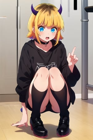 best quality,(1girl,fullbody),
(multicolored hair, blonde hair, black hair in the middle)
(short hair,little horns) (blue eyes),memcho,(:3),tiny horns