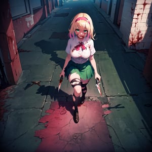 1girl,solo, desolated,highquality,fullbody,closed mouth,
(multicolored hair, light blonde hair, light red hair),green eyes,(taking a knife, blood knife)ruins,
scared,looking behind(green skirt,brown shoes, pink headband,torn clothes, (school shirt)),crying,open the shirt,show the breast,



(in the street,colored sky),


corpses in the floor,zombies behind the girl

(zombies running,zombie grabbing a girl, zombie eating human meat.human meat in the floor)
,no_humans,scenery