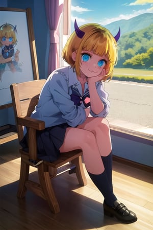 (masterpiece, best quality, illustration, delicate details, 8K:1.2),(studio light, best shadow, picturesque),
(1girl,solo,fullbody), (embarrased, edgy), light in the studio,
(school uniform), (blue eyes),
(sit,hearts,cute),(idol pose)
(in the studio), (colorful) 

:,memcho,tiny horns,Neco Arc, :3, CHIBI, C