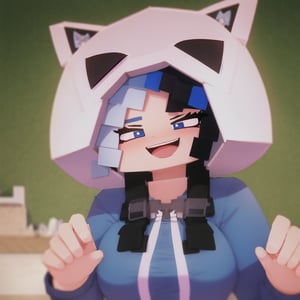 rating:safe, 1girl, hood, solo, animal hood, open mouth, hoodie, blue eyes, smile, hood up, long hair, hooded sweater, looking at viewer, :d, cat hood, eyebrows visible through hair, shiny hair, bangs, blue hair, shiny,mcnsfw