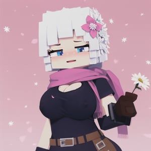 flower, 1girl, white flower, bulma, rating:safe, scarf, pink background, solo, lily \(flower\), gloves, floral background, braid, belt, upper body, daisy, pink shirt, purple scarf, brown gloves, breasts, bow, pink scarf, pink flower, gradient, gradient background, flower \(symbol\), cherry blossoms, shirt, medium breasts, snowflakes, blue eyes,mcnsfw